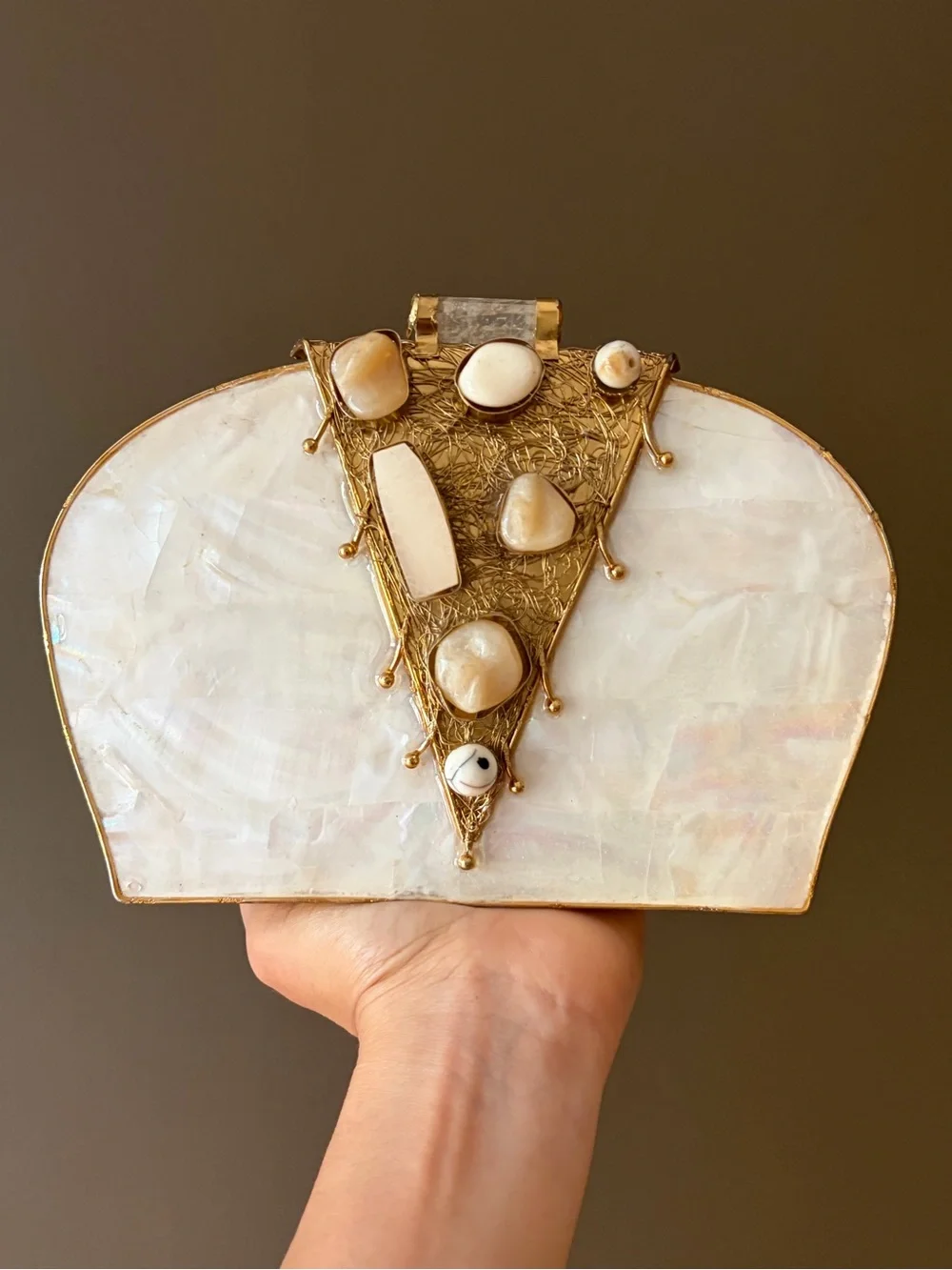 Gold-Trimmed Ivory Shell Evening Clutch with Decorative Accents